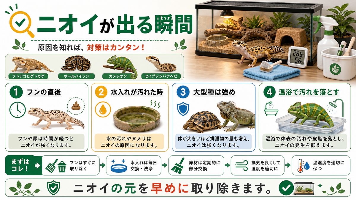 爬虫類のニオイがする瞬間は？の要点をまとめたカメレオン・爬虫類飼育インフォグラフィック