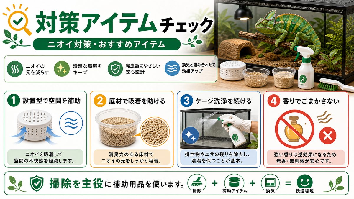 ニオイ対策・おすすめアイテムの要点をまとめたカメレオン・爬虫類飼育インフォグラフィック