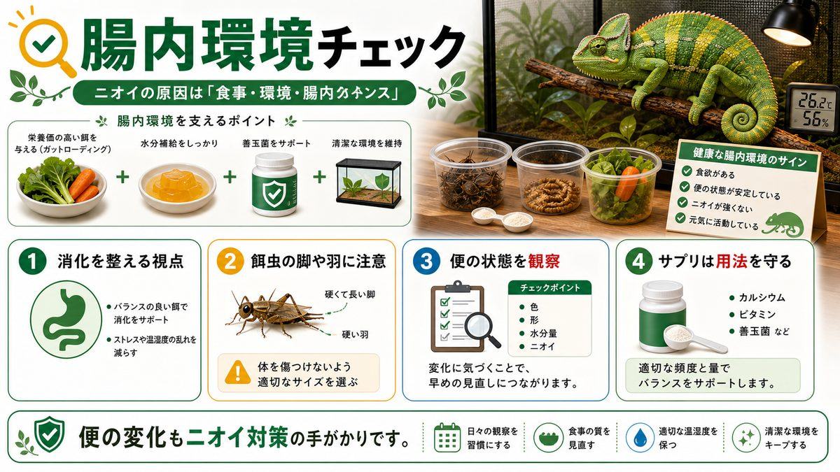 腸内環境を改善する方法の要点をまとめたカメレオン・爬虫類飼育インフォグラフィック