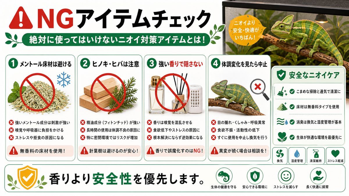 絶対に使ってはいけないニオイ対策アイテムとは！の要点をまとめたカメレオン・爬虫類飼育インフォグラフィック