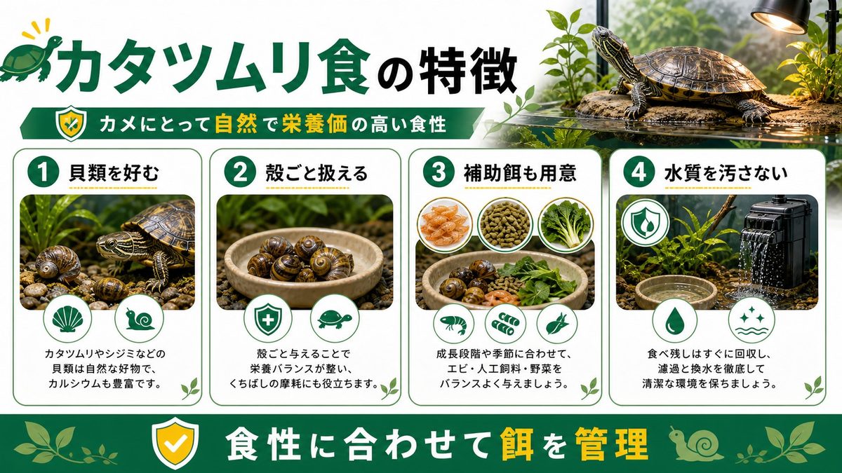 「カタツムリ食」の特殊な食性の要点をまとめたカメレオン・爬虫類飼育インフォグラフィック