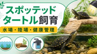 スポッテッドタートル（Clemmys guttata）飼育完全ガイド！黒甲羅に黄色い斑点が美しい北米産小型カメの特徴・水槽・餌・注意点を徹底解説の要点を伝えるカメレオン・爬虫類記事アイキャッチ画像