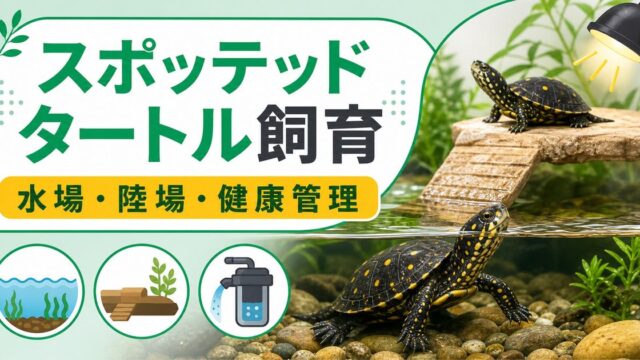 スポッテッドタートル（Clemmys guttata）飼育完全ガイド！黒甲羅に黄色い斑点が美しい北米産小型カメの特徴・水槽・餌・注意点を徹底解説の要点を伝えるカメレオン・爬虫類記事アイキャッチ画像
