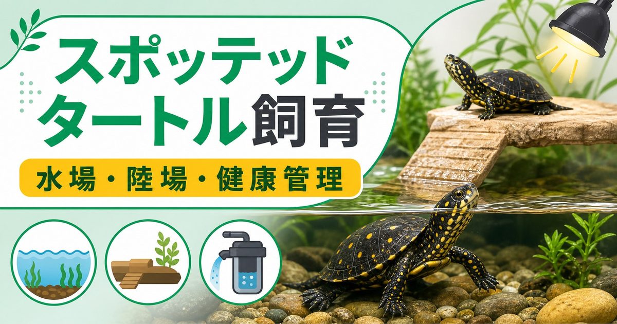 スポッテッドタートル（Clemmys guttata）飼育完全ガイド！黒甲羅に黄色い斑点が美しい北米産小型カメの特徴・水槽・餌・注意点を徹底解説の要点を伝えるカメレオン・爬虫類記事アイキャッチ画像