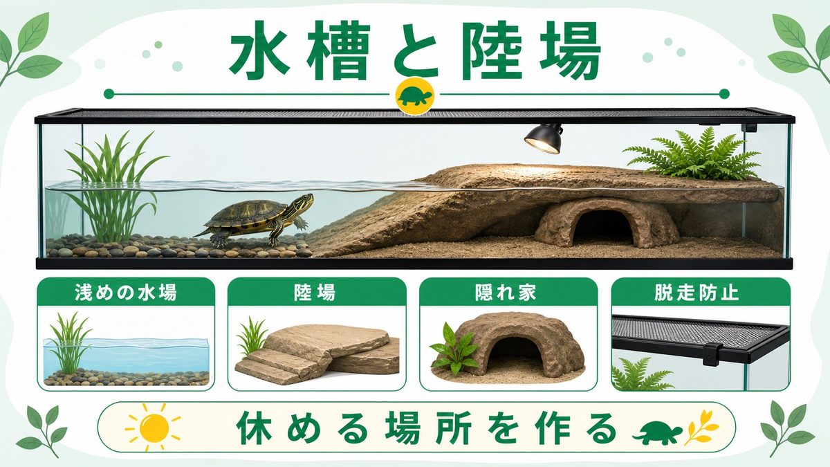 飼育水槽・陸場レイアウトの作り方の要点をまとめたカメレオン・爬虫類飼育インフォグラフィック