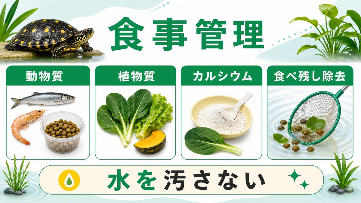 スポッテッドタートルの食事・給餌管理の要点をまとめたカメレオン・爬虫類飼育インフォグラフィック