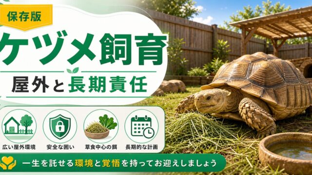 【100kg超の覚悟】ケヅメリクガメの飼い方完全ガイド！大型化・寿命80年・屋外飼育の要点を伝えるカメレオン・爬虫類記事アイキャッチ画像