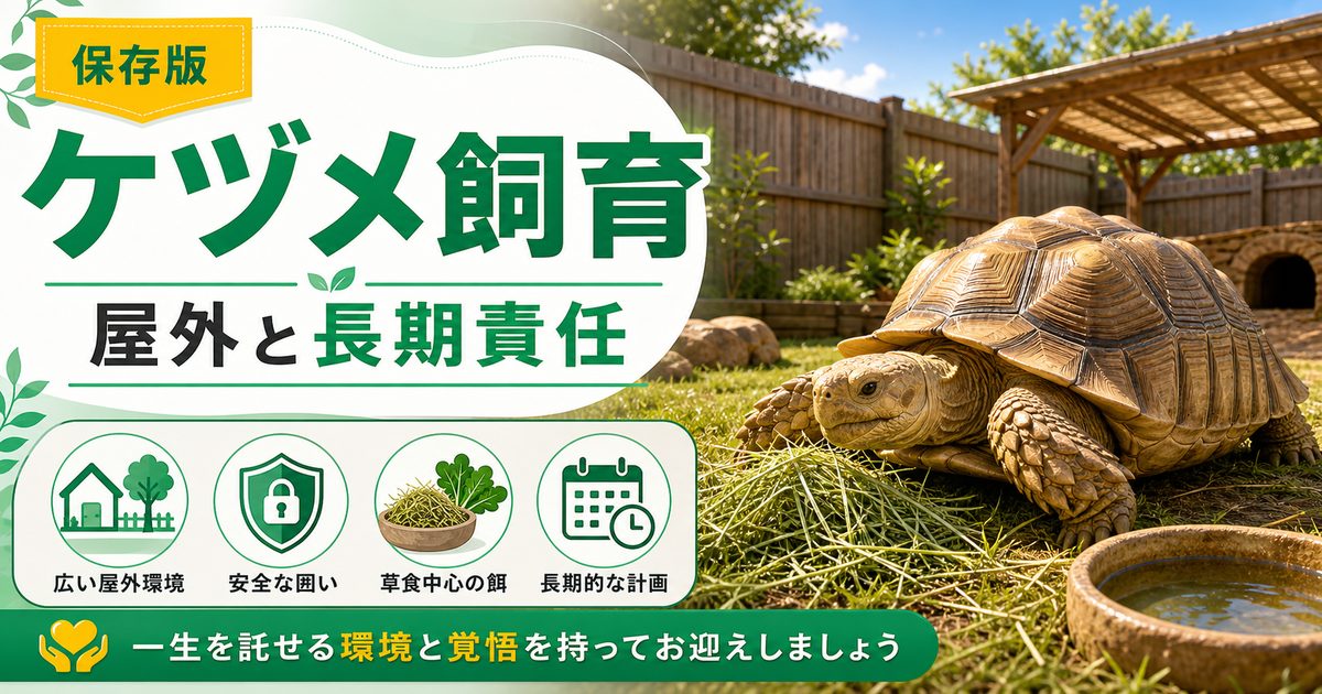 【100kg超の覚悟】ケヅメリクガメの飼い方完全ガイド！大型化・寿命80年・屋外飼育の要点を伝えるカメレオン・爬虫類記事アイキャッチ画像