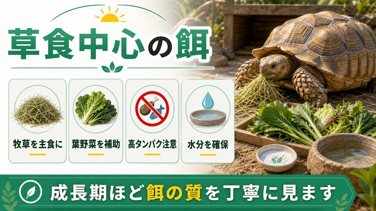 餌：完全草食・繊維質たっぷり、タンパク質厳禁の要点をまとめたカメレオン・爬虫類飼育インフォグラフィック