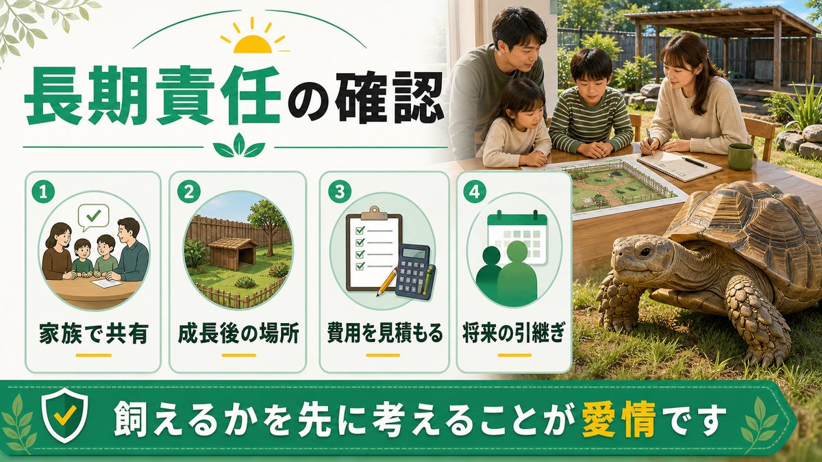 責任の長さ：60〜80年という時間軸の要点をまとめたカメレオン・爬虫類飼育インフォグラフィック
