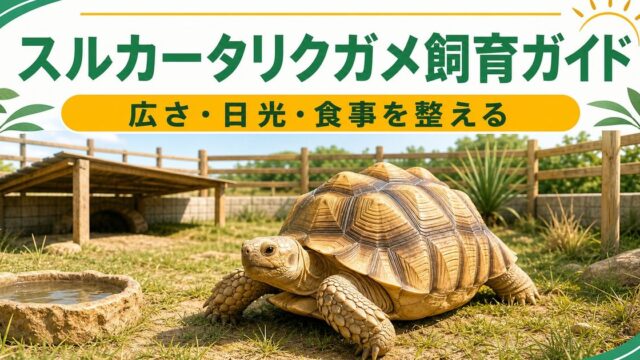 スルカータリクガメ（アフリカンスパードトータス）飼育完全ガイド！世界3位の大型リクガメの特徴・ケージ・食事・注意点を徹底解説の要点を伝えるカメレオン・爬虫類記事アイキャッチ画像