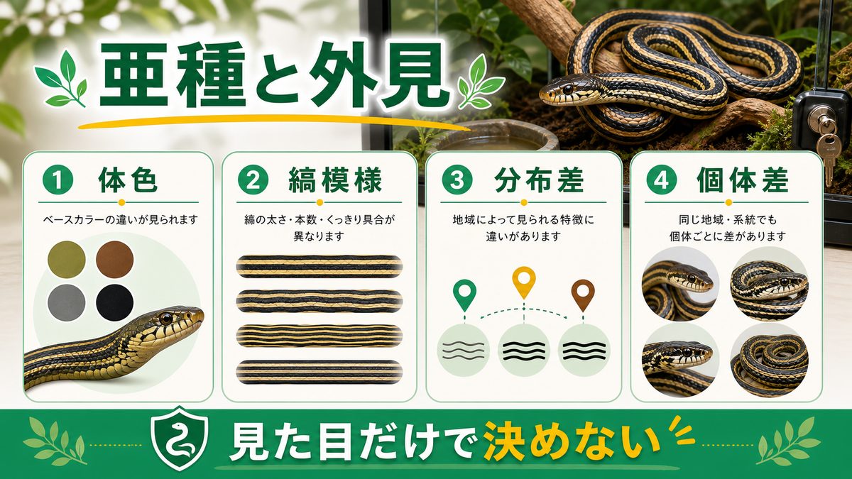 ① タイワンスジオの亜種と外見の特徴の要点をまとめたカメレオン・爬虫類飼育インフォグラフィック