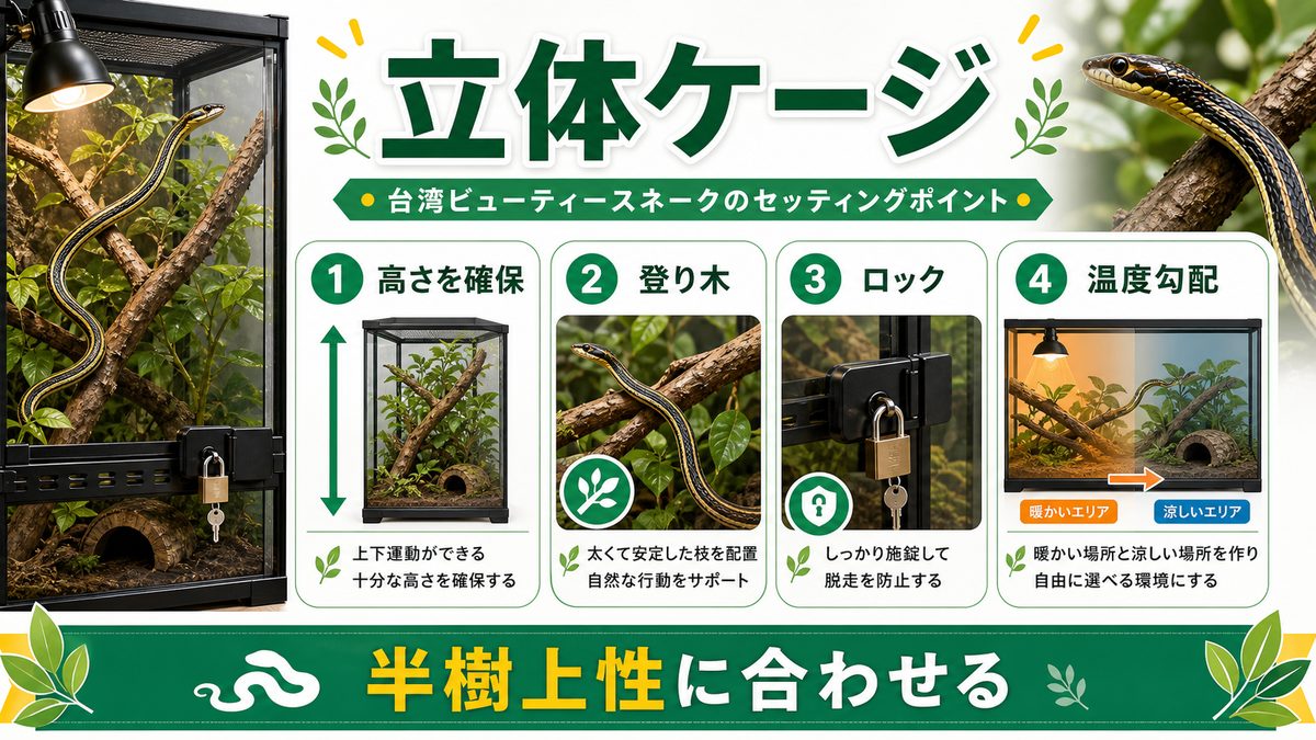 ② 飼育設備:ケージ・保温・立体的レイアウトの作り方の要点をまとめたカメレオン・爬虫類飼育インフォグラフィック