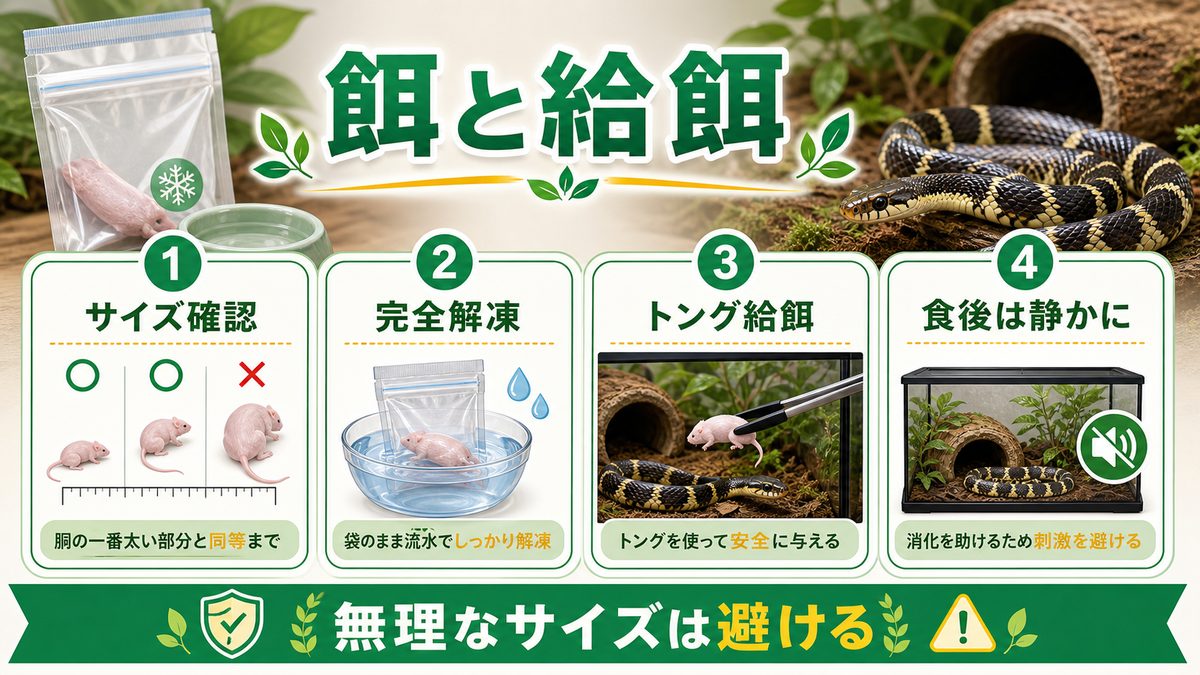 ③ 餌(冷凍マウス・ラット)と給餌方法の要点をまとめたカメレオン・爬虫類飼育インフォグラフィック