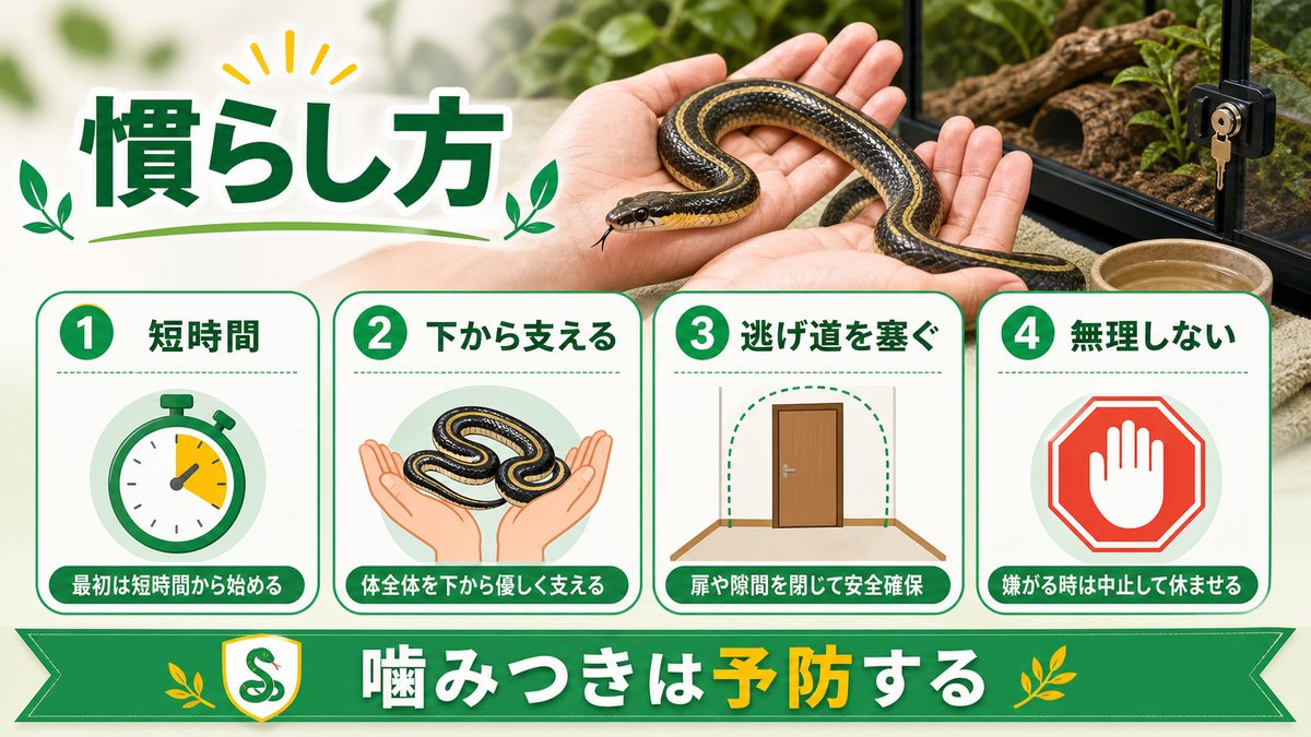 ④ ハンドリングと慣らし方:噛みつき対策も解説の要点をまとめたカメレオン・爬虫類飼育インフォグラフィック