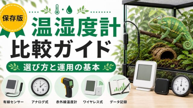 【選び方ガイド】爬虫類用温湿度計徹底比較！6タイプを徹底解説の要点を伝えるカメレオン・爬虫類記事アイキャッチ画像