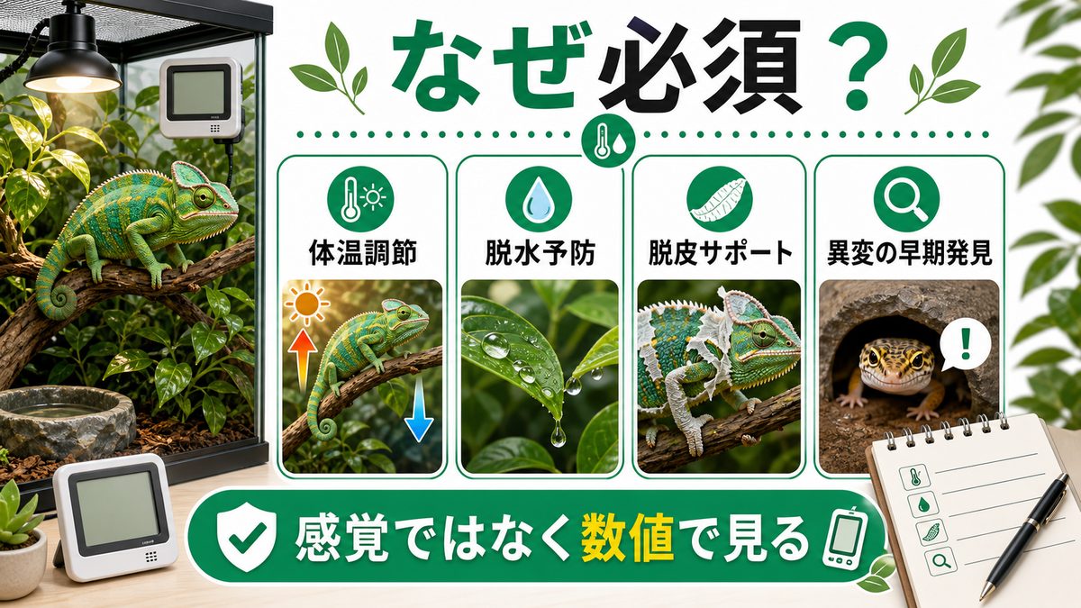 そもそもなぜ温湿度計が必須なのかの要点をまとめたカメレオン・爬虫類飼育インフォグラフィック