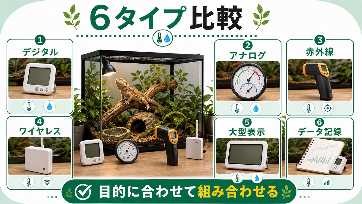 6タイプの特徴を一覧で比較の要点をまとめたカメレオン・爬虫類飼育インフォグラフィック