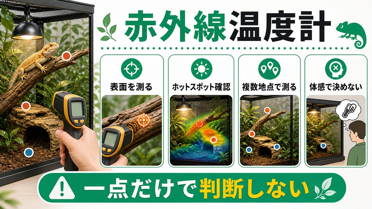 赤外線温度計:ホットスポット計測の決定版の要点をまとめたカメレオン・爬虫類飼育インフォグラフィック