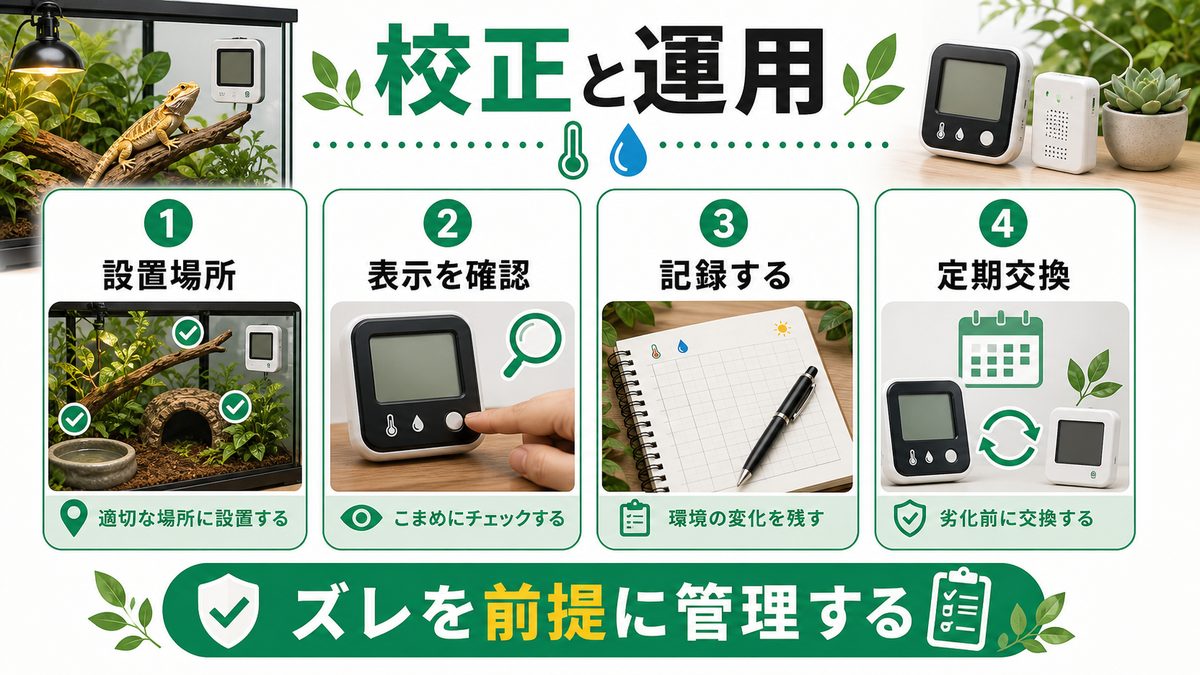 校正方法と日々の運用のコツの要点をまとめたカメレオン・爬虫類飼育インフォグラフィック