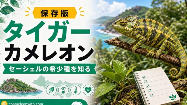 【セーシェル島の秘宝】タイガーカメレオンについて解説！入荷情報・値段は？体色や体の特徴は？【繁殖情報も】の要点を伝えるカメレオン・爬虫類記事アイキャッチ画像
