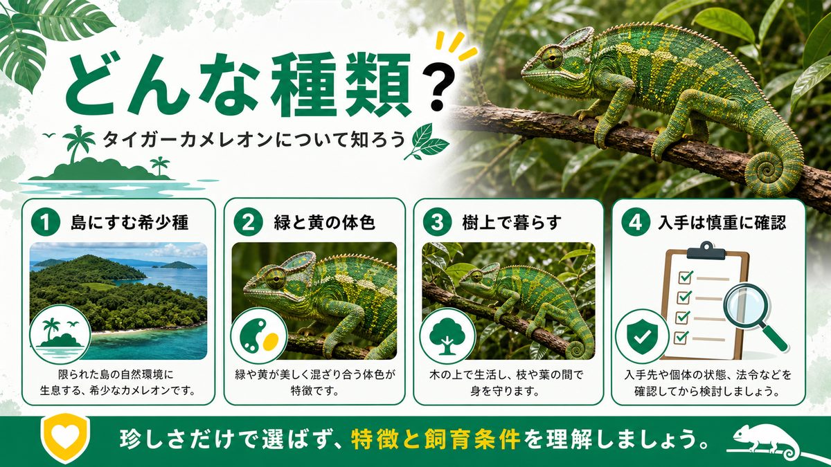タイガーカメレオンとはどんな種類?の要点をまとめたカメレオン・爬虫類飼育インフォグラフィック