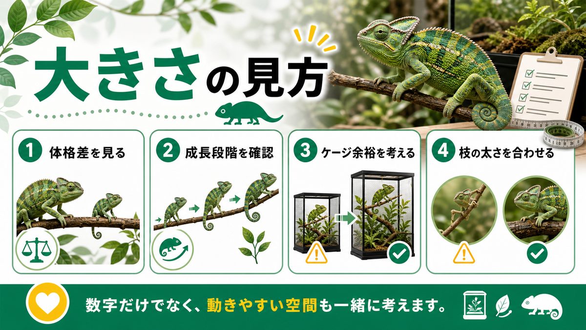 どのくらいの大きさなの?の要点をまとめたカメレオン・爬虫類飼育インフォグラフィック