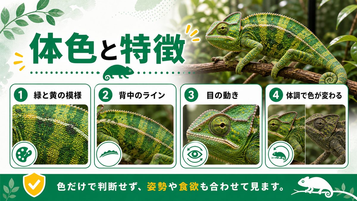 体色や体の特徴は?の要点をまとめたカメレオン・爬虫類飼育インフォグラフィック