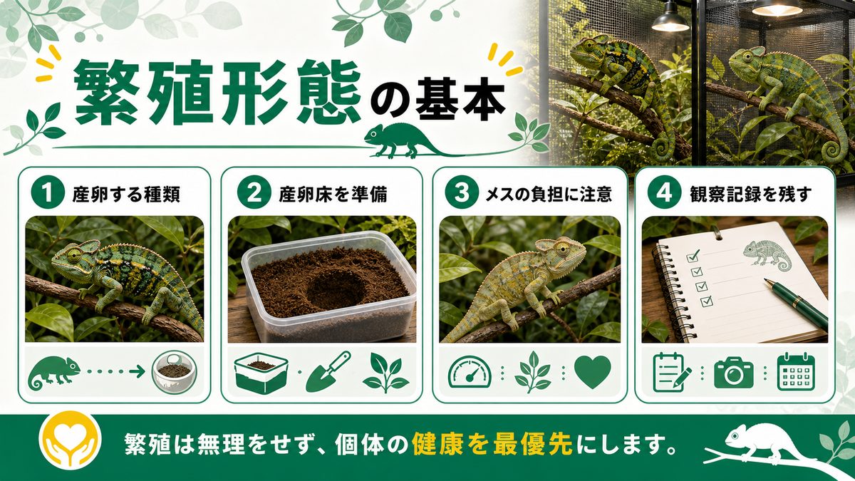 繁殖形態は?の要点をまとめたカメレオン・爬虫類飼育インフォグラフィック