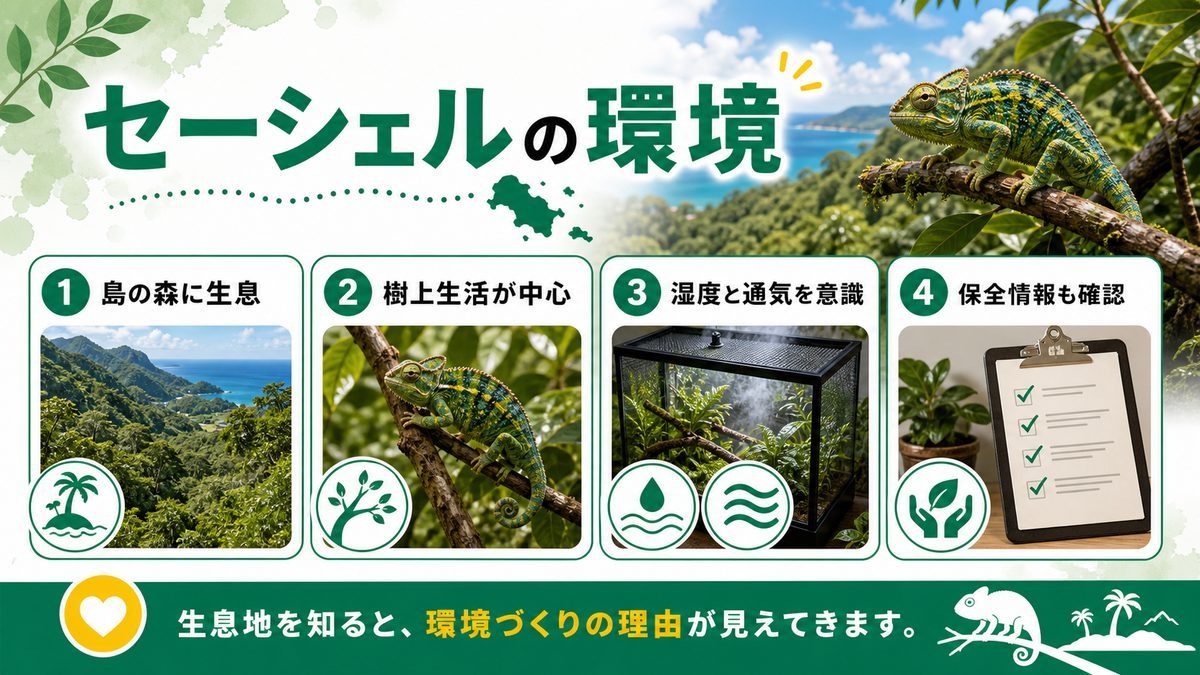 タイガーカメレオンの生息地「セーシェル諸島」ってどんなところ?の要点をまとめたカメレオン・爬虫類飼育インフォグラフィック