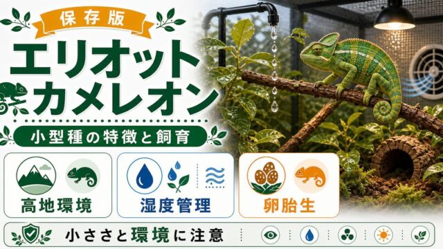 エリオットカメレオンの飼い方・育て方を徹底解説！生息地・繁殖・注意点についても網羅！の要点を伝えるカメレオン・爬虫類記事アイキャッチ画像
