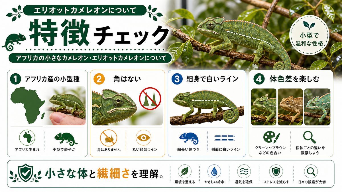 アフリカの小さなカメレオン・エリオットカメレオンについての要点をまとめたカメレオン・爬虫類飼育インフォグラフィック