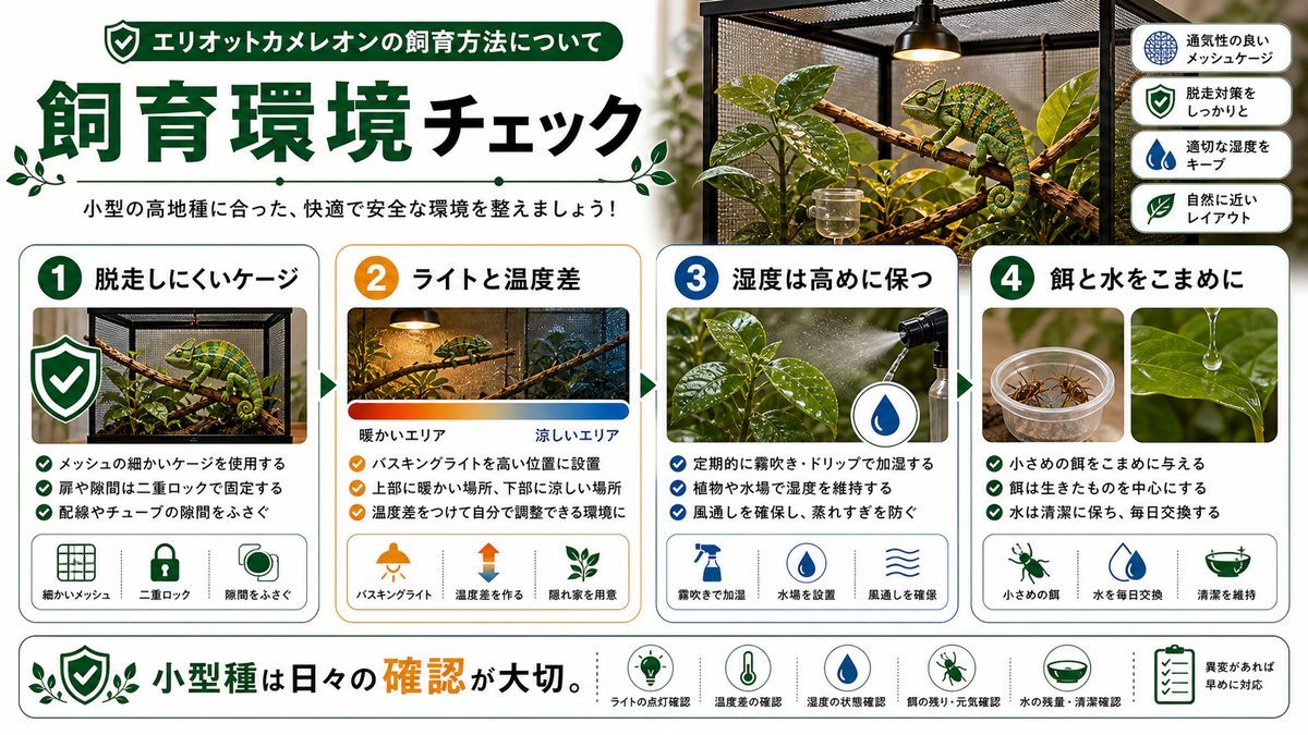 エリオットカメレオンの飼育方法についての要点をまとめたカメレオン・爬虫類飼育インフォグラフィック