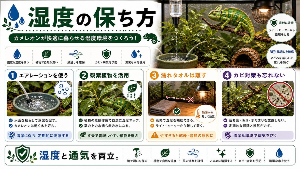 ちょっと気になる湿度の保ち方についての要点をまとめたカメレオン・爬虫類飼育インフォグラフィック