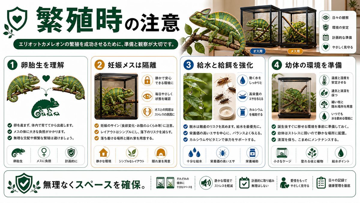 エリオットカメレオンの繁殖についての要点をまとめたカメレオン・爬虫類飼育インフォグラフィック
