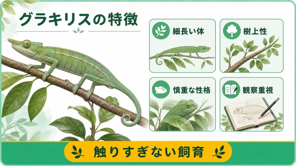 Trioceros gracilis（グラキリスカメレオン）とは？の要点をまとめたカメレオン・爬虫類飼育インフォグラフィック