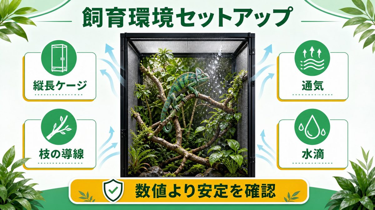 飼育環境のセットアップ（ケージ・湿度・温度）の要点をまとめたカメレオン・爬虫類飼育インフォグラフィック
