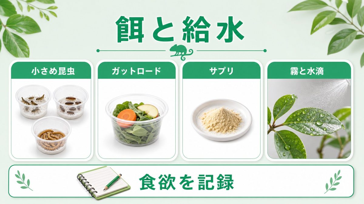 餌と給餌スケジュールの要点をまとめたカメレオン・爬虫類飼育インフォグラフィック