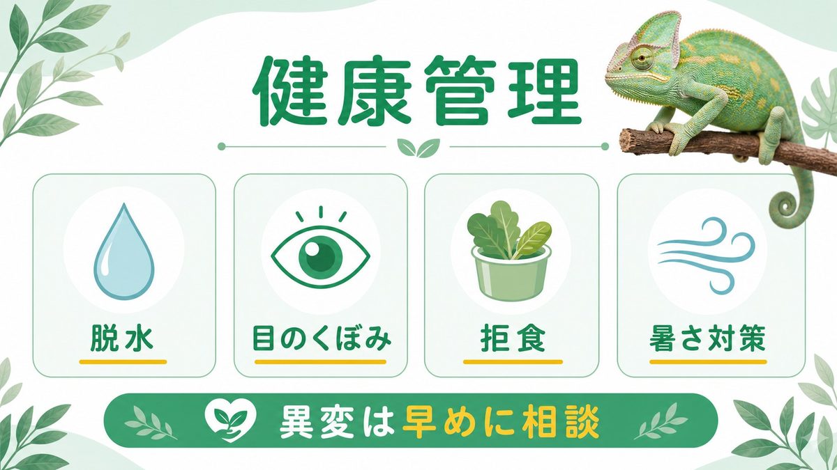 健康管理・よくあるトラブルの要点をまとめたカメレオン・爬虫類飼育インフォグラフィック