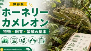 ホーネリーカメレオンの特徴や飼育方法・育て方・生息地・繁殖・注意点について徹底解説！の要点を伝えるカメレオン・爬虫類記事アイキャッチ画像