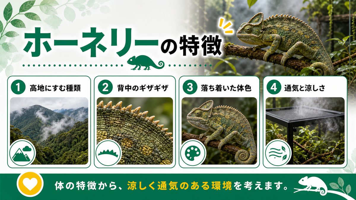 人気が高いアフリカ産カメレオン！ホーネリーカメレオンの特徴について！の要点をまとめたカメレオン・爬虫類飼育インフォグラフィック