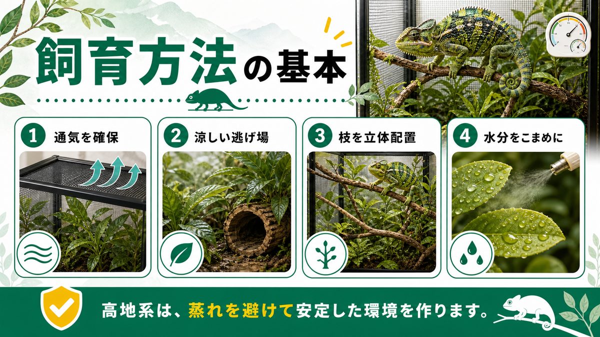 ホーネリーカメレオンの飼育方法についての要点をまとめたカメレオン・爬虫類飼育インフォグラフィック
