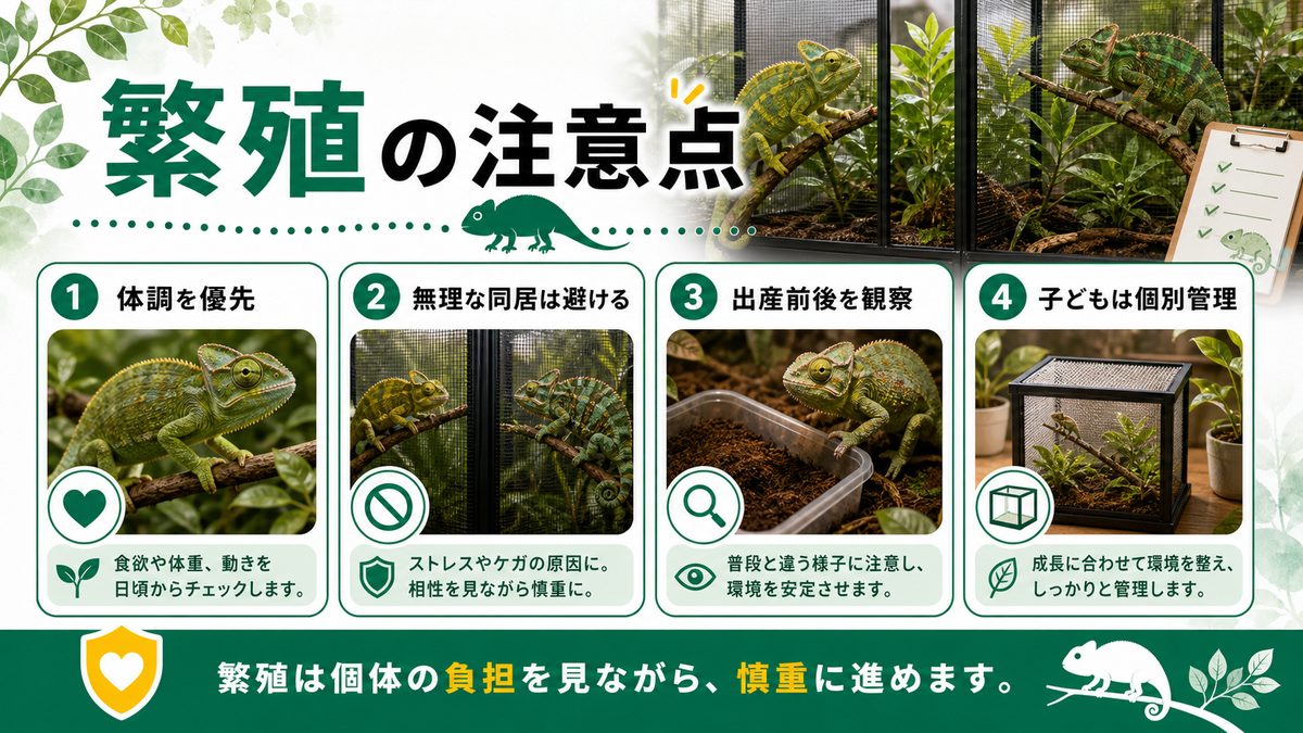 ホーネリーカメレオンの繁殖についての要点をまとめたカメレオン・爬虫類飼育インフォグラフィック