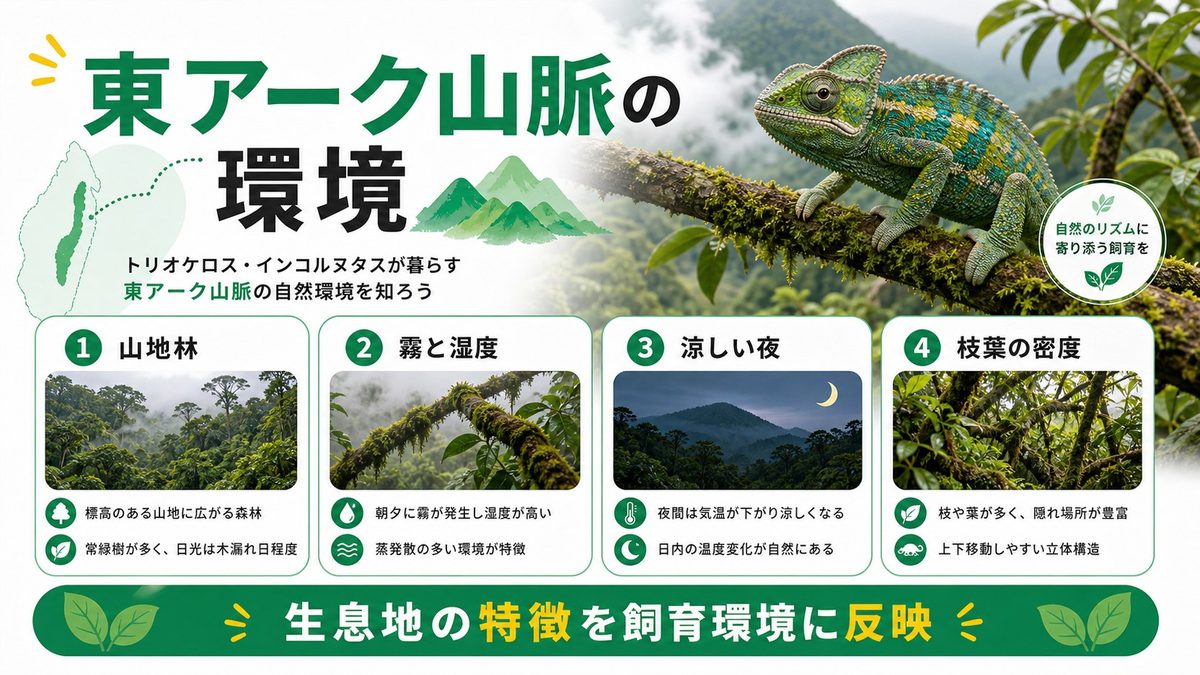 東アーク山脈という特殊な生息環境の要点をまとめたカメレオン・爬虫類飼育インフォグラフィック
