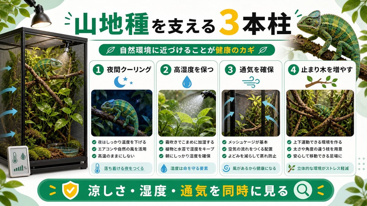 飼育環境の作り方:山地種を支える3本柱の要点をまとめたカメレオン・爬虫類飼育インフォグラフィック