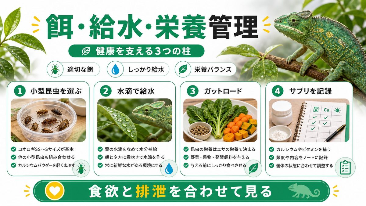 餌・給水・栄養管理の要点をまとめたカメレオン・爬虫類飼育インフォグラフィック