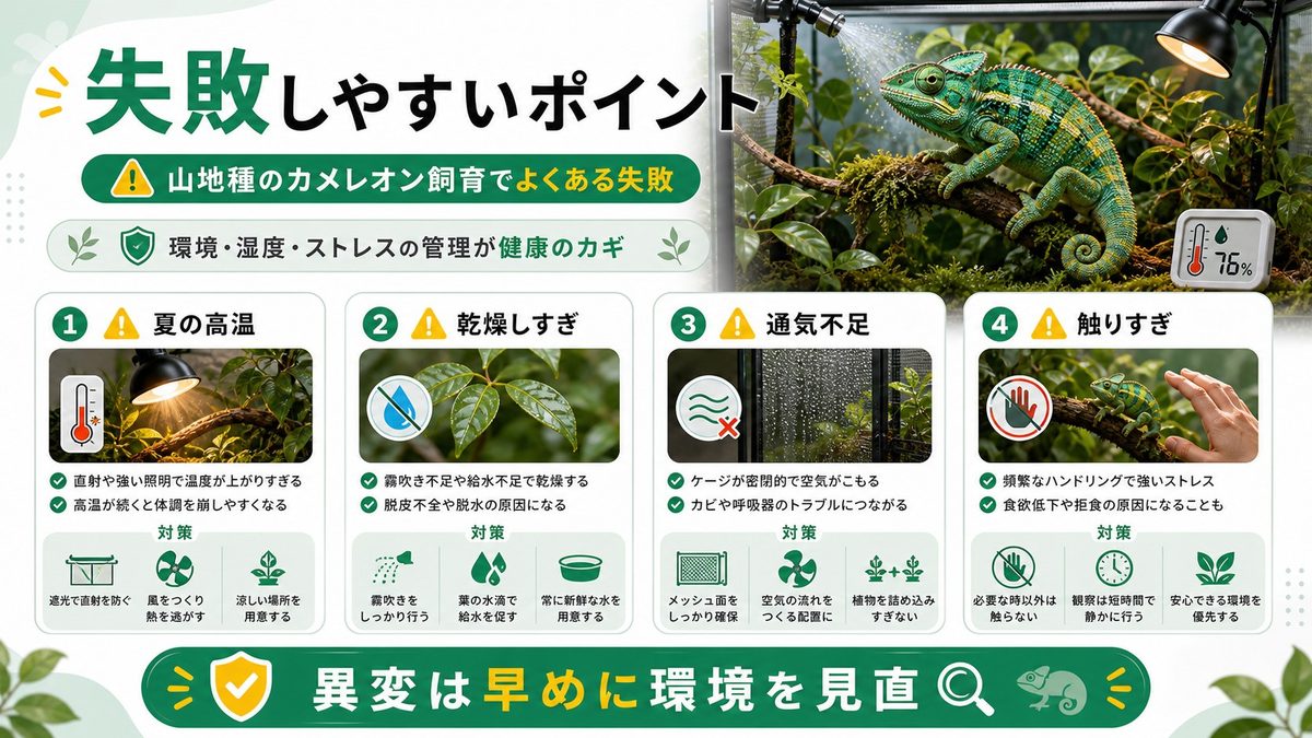 飼育で失敗しやすいポイントとトラブルシューティングの要点をまとめたカメレオン・爬虫類飼育インフォグラフィック