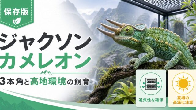 【3本角の人気種】ジャクソンカメレオンの特徴や飼育方法・育て方・亜種・繁殖・注意点について徹底解説！の要点を伝えるカメレオン・爬虫類記事アイキャッチ画像