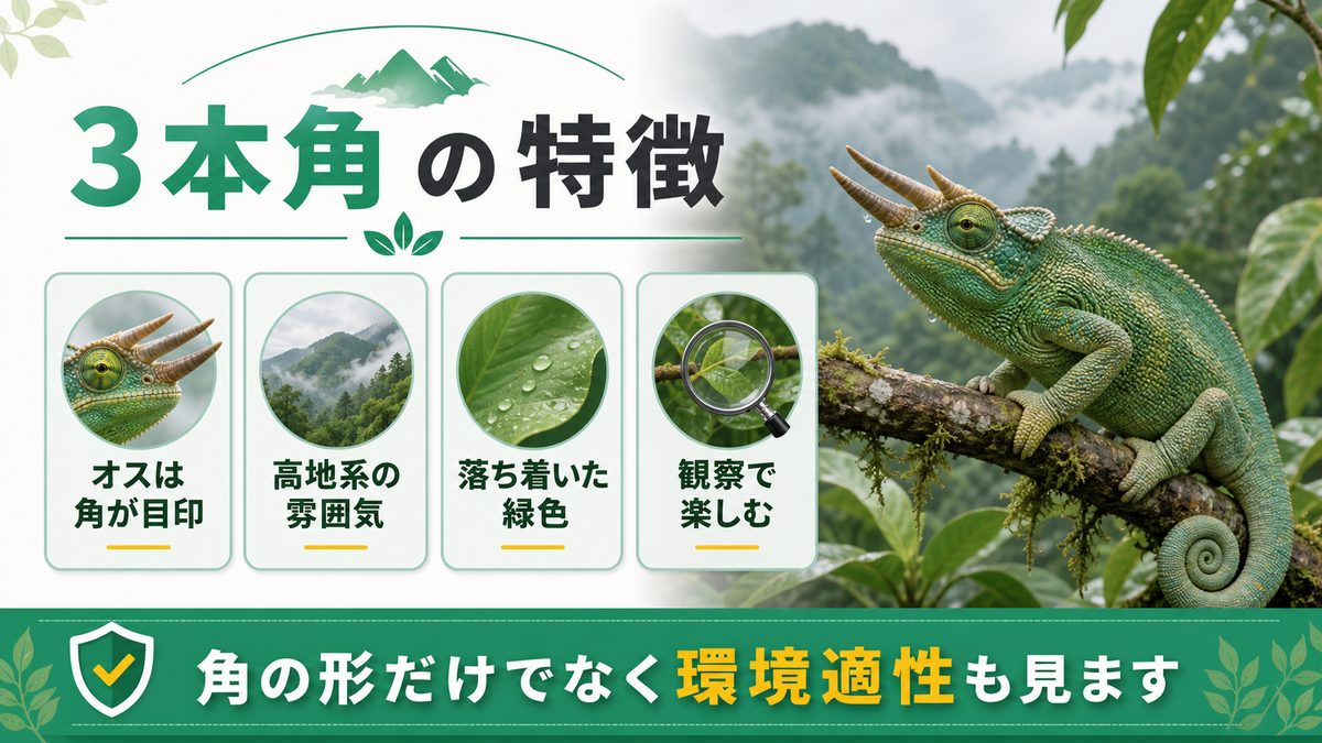 ジャクソンカメレオンの外見と特徴の要点をまとめたカメレオン・爬虫類飼育インフォグラフィック