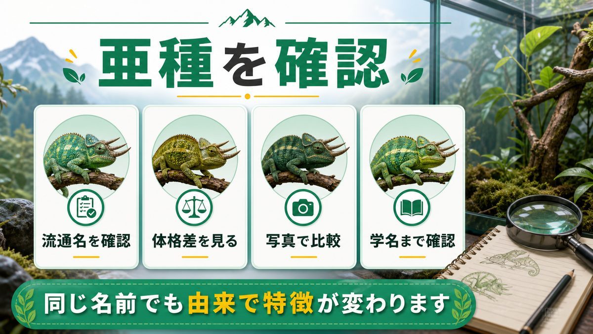 ジャクソンカメレオンの亜種・地域変異の要点をまとめたカメレオン・爬虫類飼育インフォグラフィック